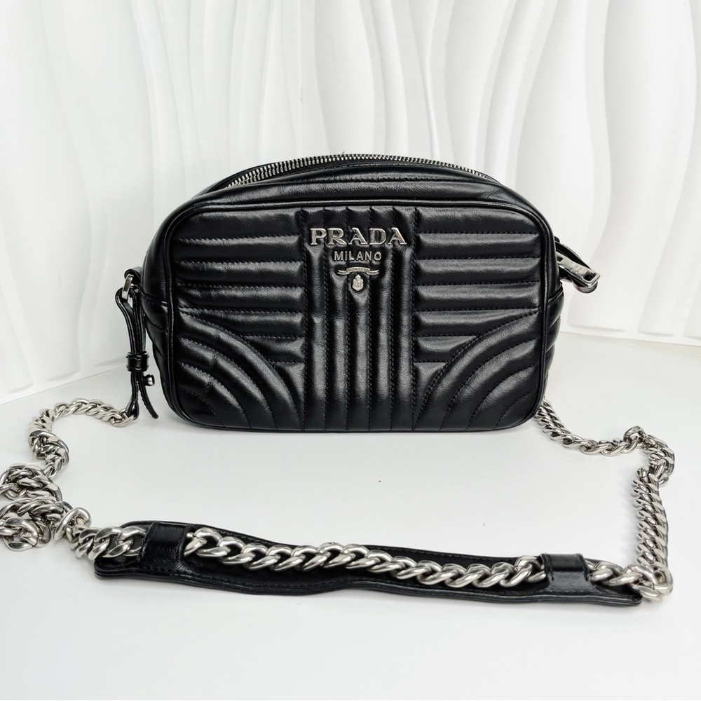 PRADA Logo Diagramme Chain Shoulder Bag Leather black SHW Italy